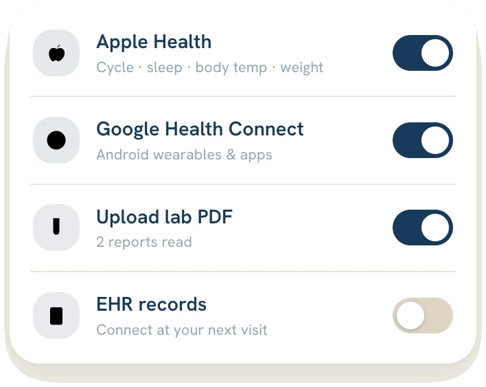 Verna Health connect options: Apple Health, uploads, and EHR records