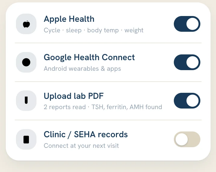 A Verna Health screen connecting Apple Health, Google Health Connect, and lab PDFs
